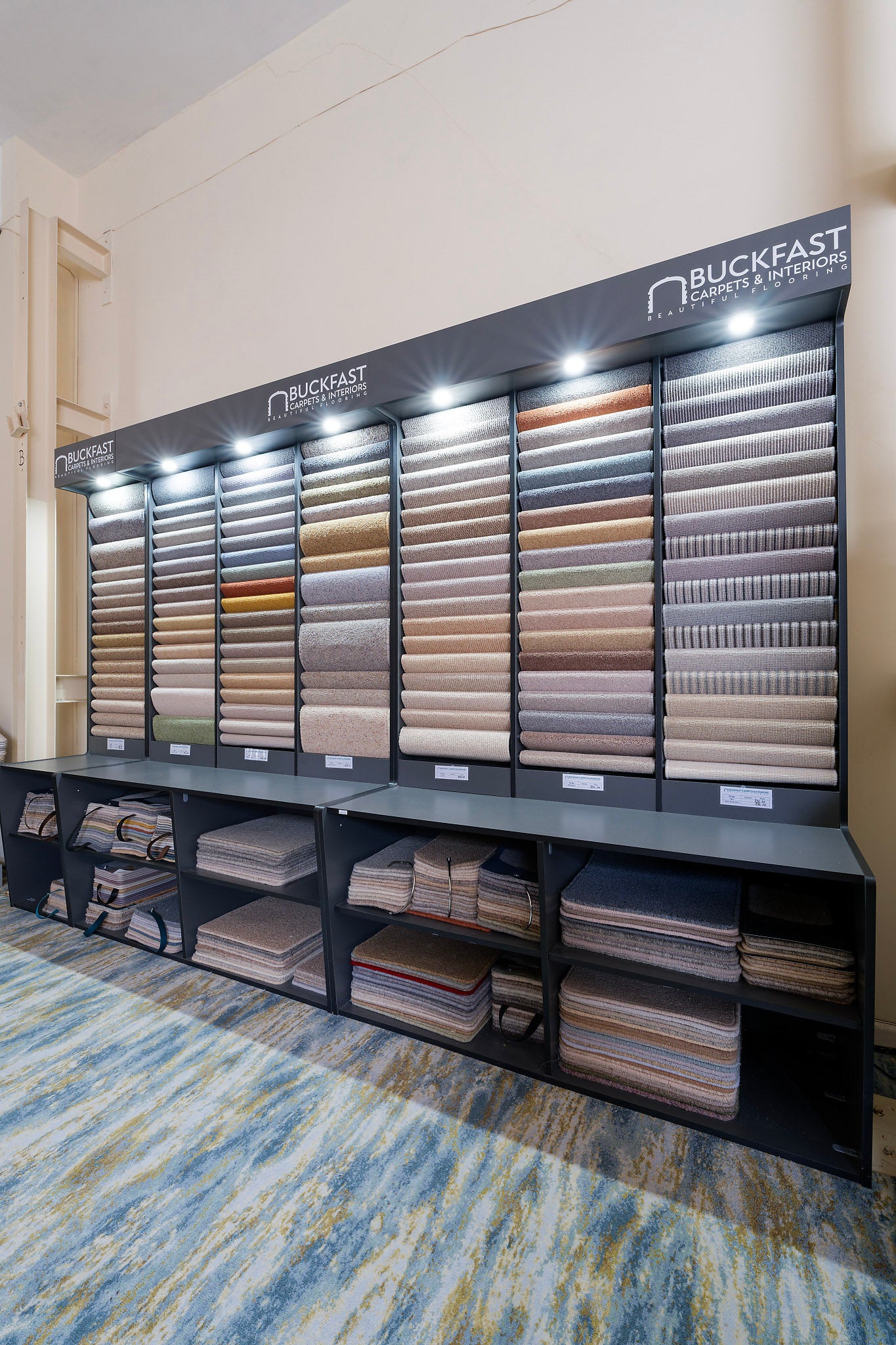 Carpet displays in the Buckfast Carpets showroom in South Devon