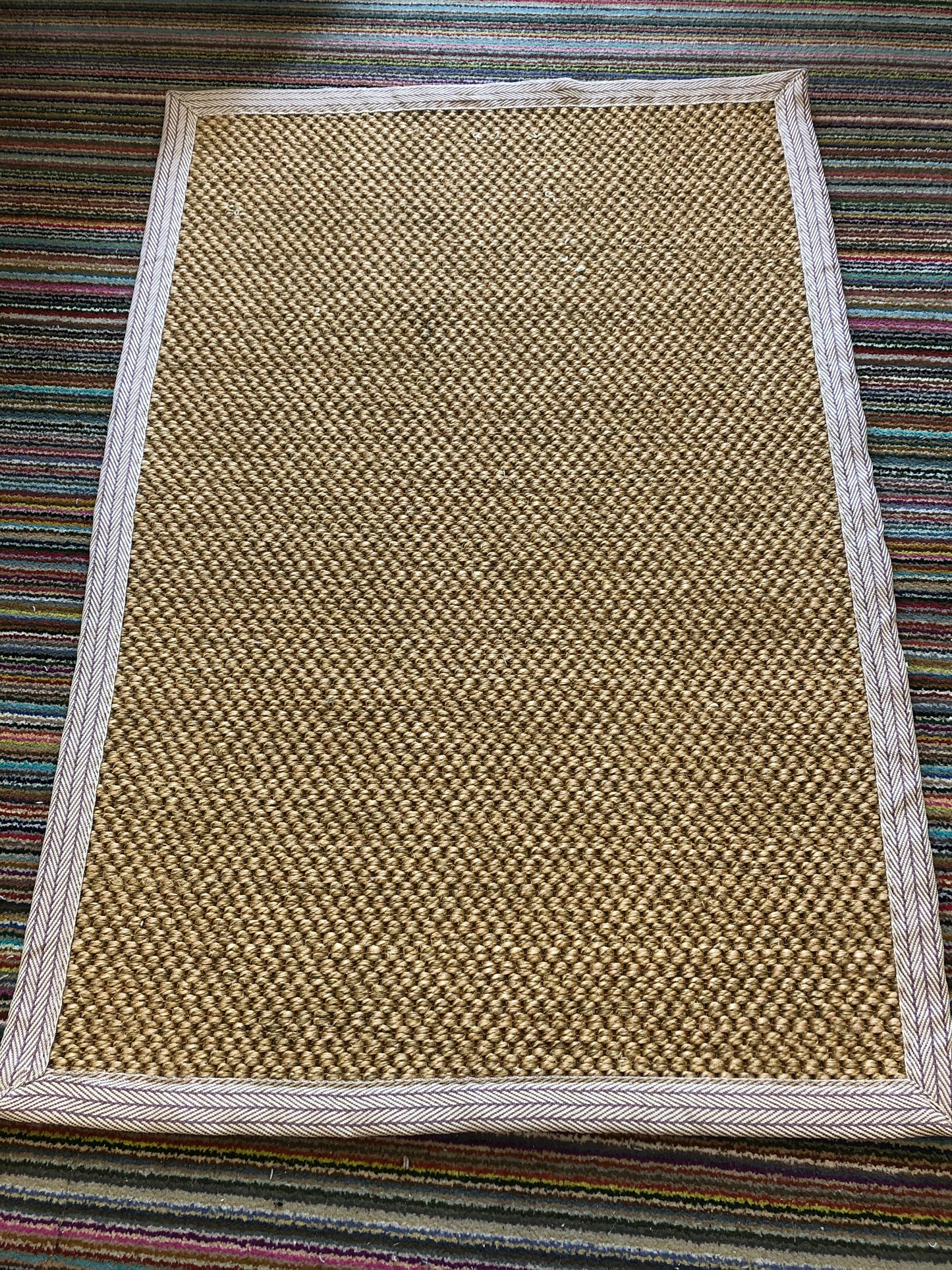 Sisal Boucle Rug with Herringbone Burgundy Linen Binding 150 x 100 cm