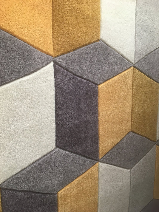 Geometric Yellow, Grey and Cream Man Made 120 x 170 cm